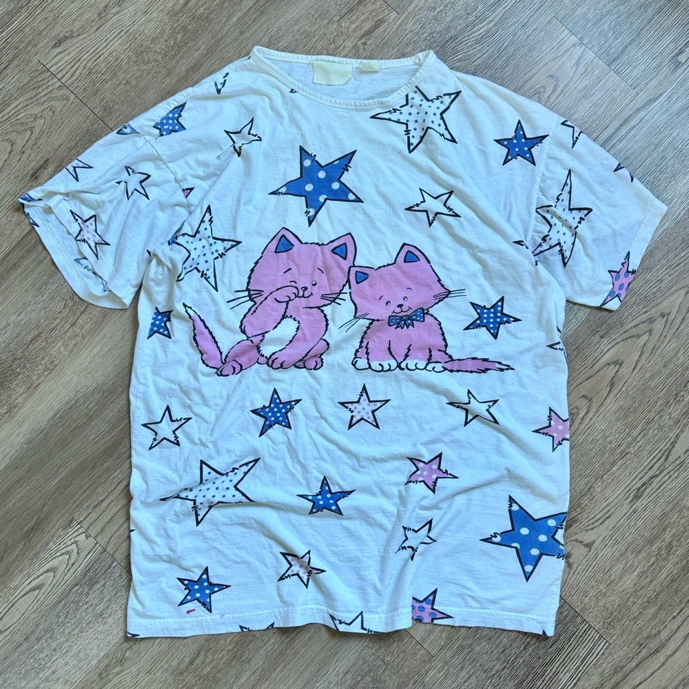 Cute Cat & Star Graphic T-Shirt / Pyjama Top